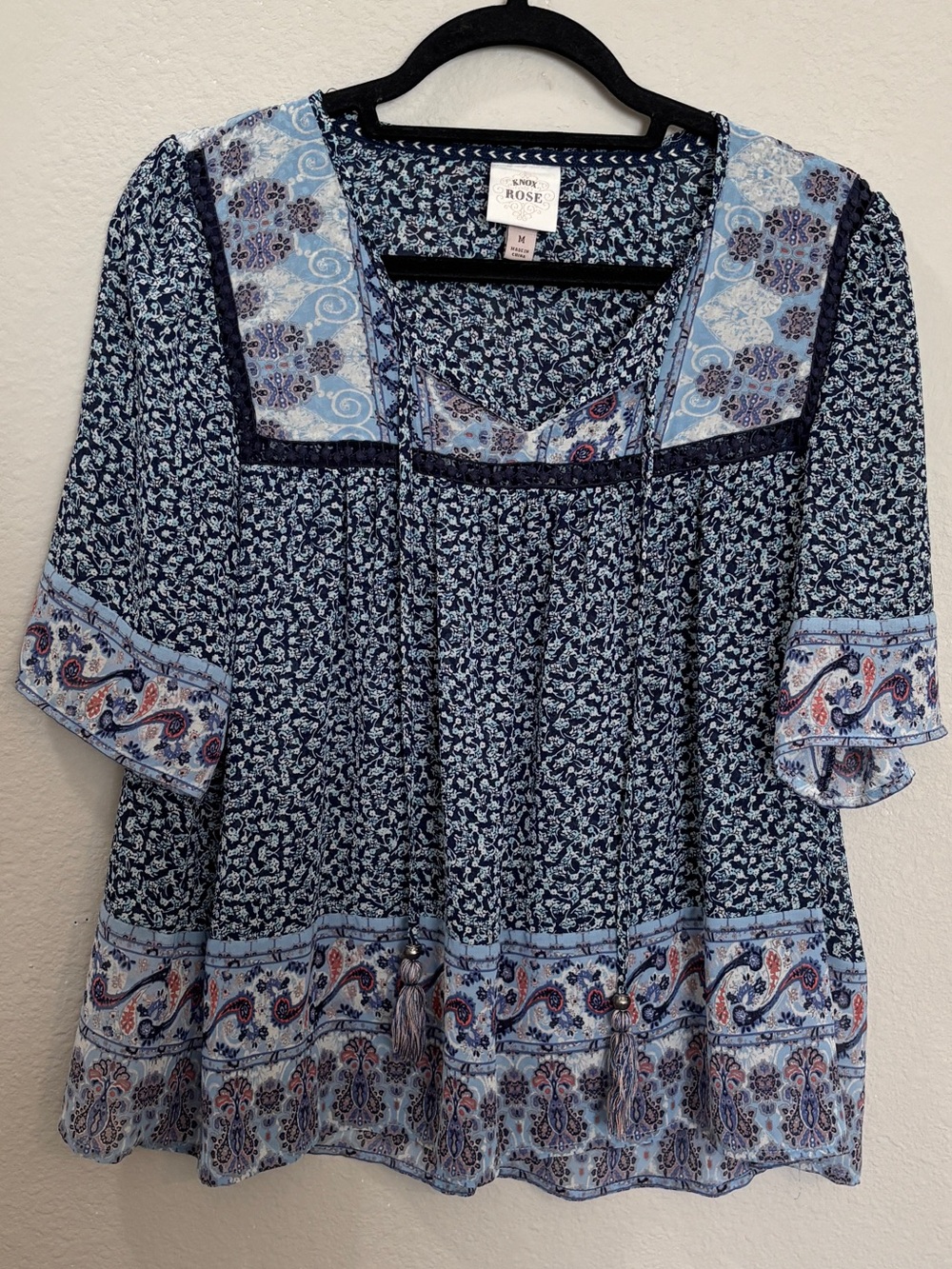 Knox Rose Blue Paisley Floral Boho Tassel Peasant Blouse Size Medium